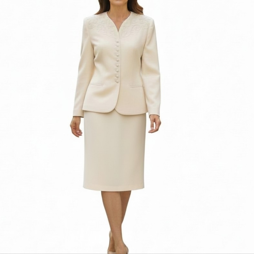Kasper ASL Wool Skirt Suit Size 8P Light Yellow Zip Snap Embroidered Blazer